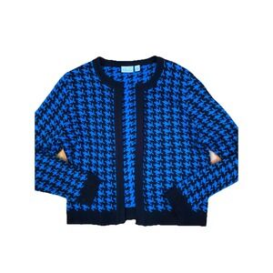 Kim‎ Rogers Cardigan Sweater Large  Blue Black Hounds Tooth Print Womens